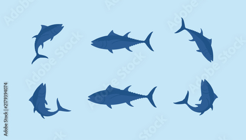 Six blue tuna silhouettes are depicted swimming in various angles and directions on a serene light blue background.