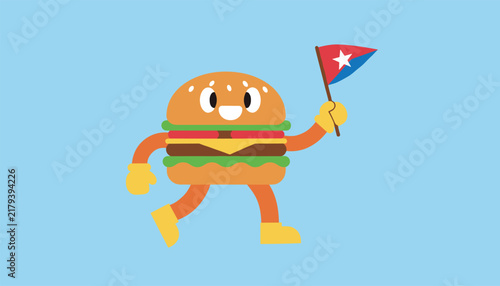 Cheerful cartoon hamburger character walks happily while holding a small Cuban flag on a clean light blue background.