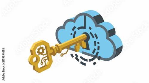 A large golden mechanical key being inserted into a floating digital cloud symbol. Represents gaining access to digital inheritance. 4-6 colors: white, gold, dark grey, and sky blue. trace