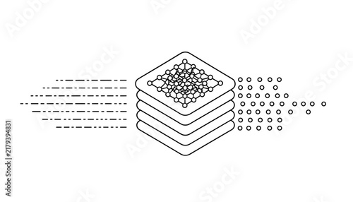 Technical line drawing displays an isometric view of a server stack processing networks of data on a clean white background.