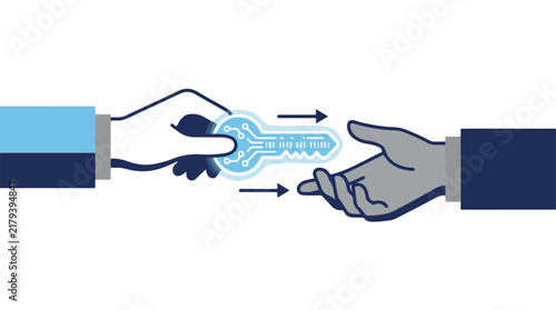 A minimalist flat vector illustration showing a hand passing a glowing digital key representing data rights to another hand. The background is pure white. The aesthetic is clean and