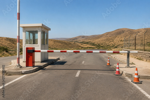 Empty road checkpoint with lowered red and white barrier arm, guard booth and cones, security and traffic control concept
