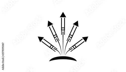 Five black rockets launch simultaneously from a curved planetary horizon against a stark white background.