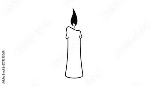 Simple black outline drawing of a tall wax candle with a burning flame stands out on a clean white background.