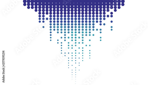 Halftone dot pattern fades from deep blue to light teal as it trickles downwards on a crisp white background.