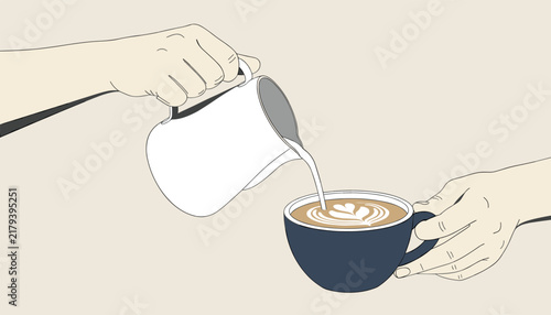 Barista pours fresh steamed milk into a dark blue coffee cup to create a beautiful heart leaf latte art on a beige background.