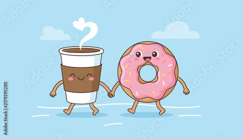 Adorable cartoon coffee cup and a pink frosted donut walk together hand in hand on a cheerful blue background.