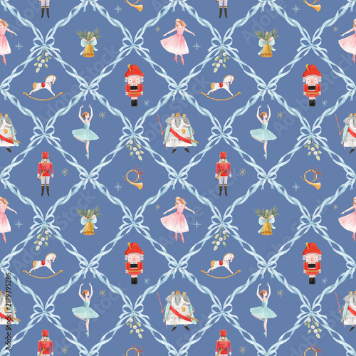 Watercolor Nutcracker Ballet Christmas Seamless Pattern with Ribbon Lattice and Vintage Fairytale Characters