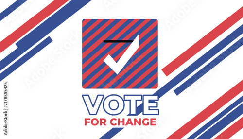 Patriotic vote for change campaign graphic featuring red and blue stripes and a white checkmark on a white background.