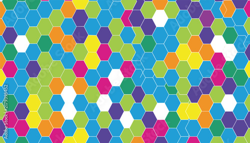Vibrant seamless mosaic background comprised of multicolored hexagons in blue, pink, green, and orange.