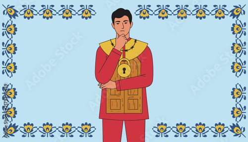 Conceptual illustration of a pensive man wearing a red shirt with a locked wooden door on his chest, within a floral frame.