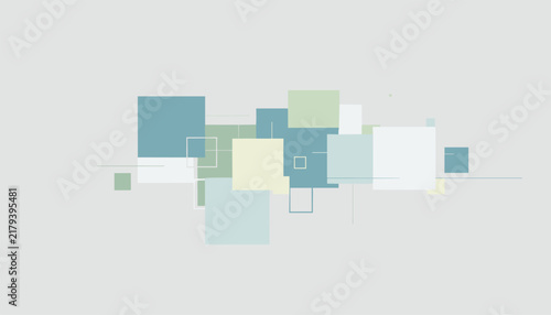 Modern abstract art composition features soft pastel geometric squares and intersecting lines on grey.