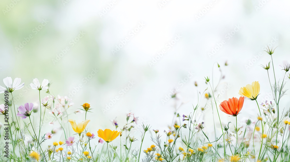 Obraz premium Vibrant wildflowers bloom in soft, dreamy landscape, showcasing variety of colors and delicate petals, evoking sense of tranquility and beauty