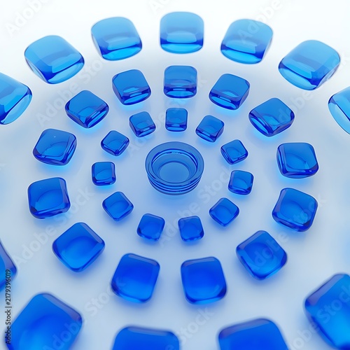 Abstract Blue Glass Shapes and Bowls on a Soft Minimal Background