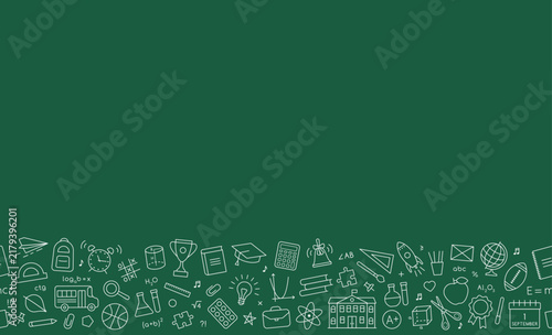 Back to school banner. Green chalkboard with school icons at bottom. Seamless border. Horizontal background template. Rectangular poster with study stationery on blackboard. Vector illustration