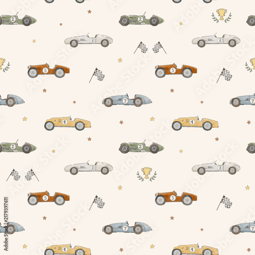 Retro Race Cars Seamless Pattern with Checkered Flags and Cute Handwritten Text