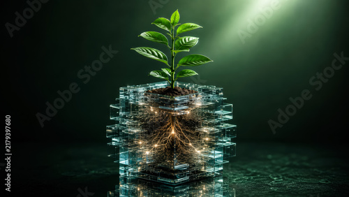 Young green plant growing inside a transparent water-filled cube, symbolizing nature, renewable growth, sustainability, and environmental resilience.