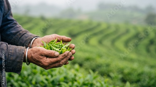 Close up of hands holding freshly picked green tea leaves