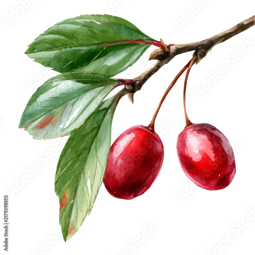 Watercolor vector illustration of Cornelian Cherry, isolated on a white background.