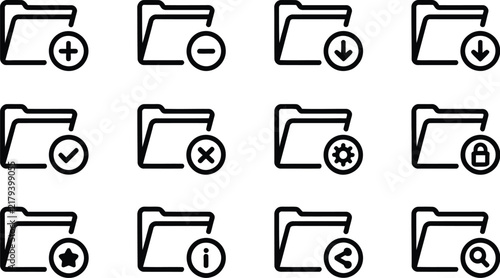 Folder icon set vector illustration featuring document storage, file management, organization system, and user interface design.