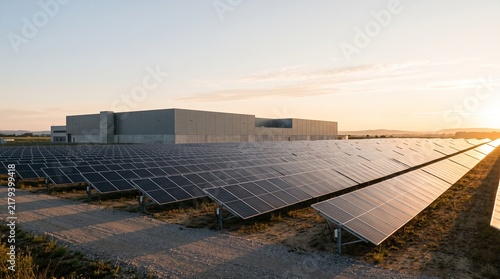Solar panels beside a modern industrial building at sunrise