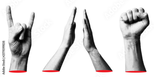 Halftone pop art hands making rock horns high five and fist gestures with red cut wrists