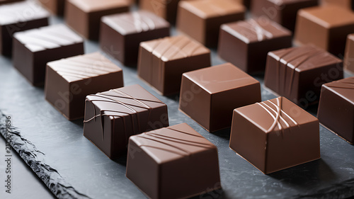 Bonbons de chocolat artisanal alignés sur ardoise