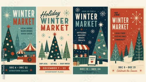 Retro winter market poster collection with Christmas trees snowflakes and festive holiday fair design