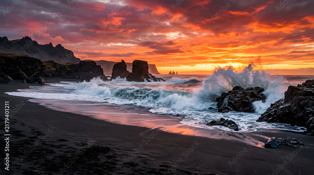 Fototapeta premium A dramatic black volcanic sand beach where powerful ocean waves crash against smooth
