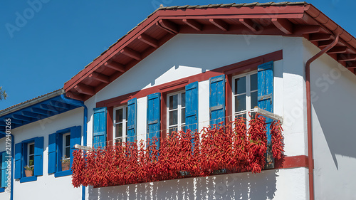 Piments d'Espelette séchant en guirlande sur une façade basque