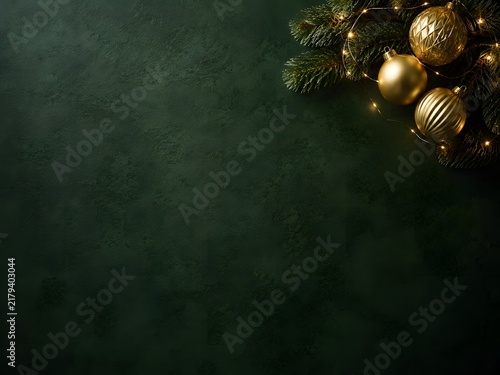 深緑の背景にゴールドオーナメントを飾った上品なクリスマス装飾背景