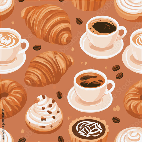 Coffee and pastry seamless pattern, cozy cafe aesthetic