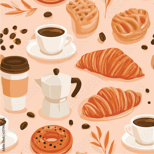 Coffee and pastry seamless pattern, cozy cafe aesthetic