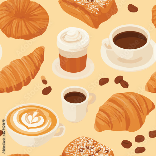 Coffee and pastry seamless pattern, cozy cafe aesthetic
