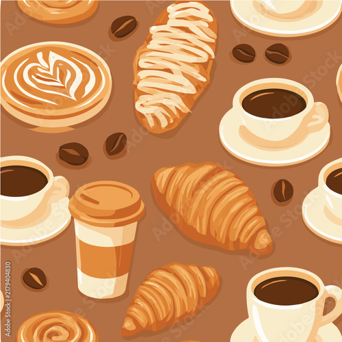Coffee and pastry seamless pattern, cozy cafe aesthetic