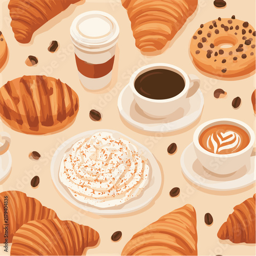 Coffee and pastry seamless pattern, cozy cafe aesthetic