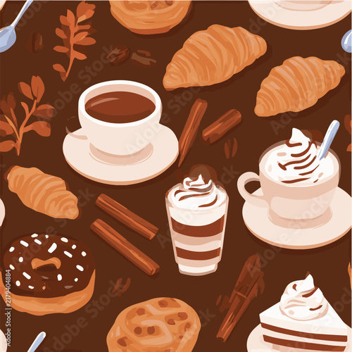 Coffee and pastry seamless pattern, cozy cafe aesthetic