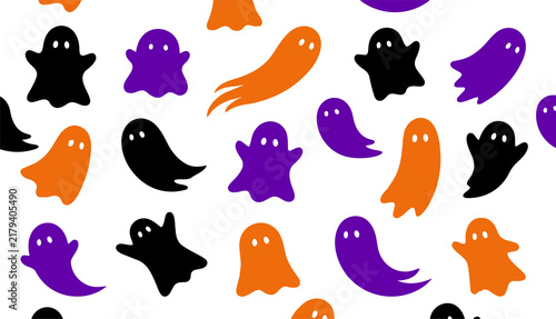 Fotografía Cute colorful cartoon ghosts seamless pattern on white background with halloween
