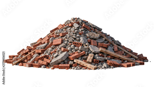 Fotografie Pile of broken red bricks and concrete rubble, isolated on transparent backgroun