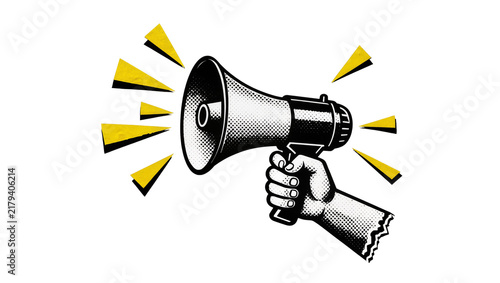 Hand holding vintage megaphone with yellow sound waves, isolated on transparent background