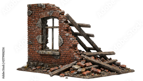 Obraz na plátně Destroyed brick building corner with broken window and scattered debris, isolate