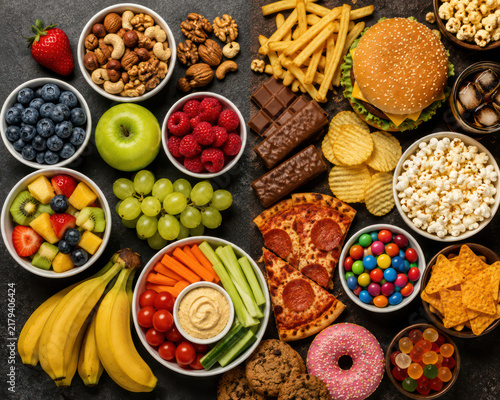 Healthy and Unhealthy Food Choices with Fruits, Vegetables, Fast Food and Snacks