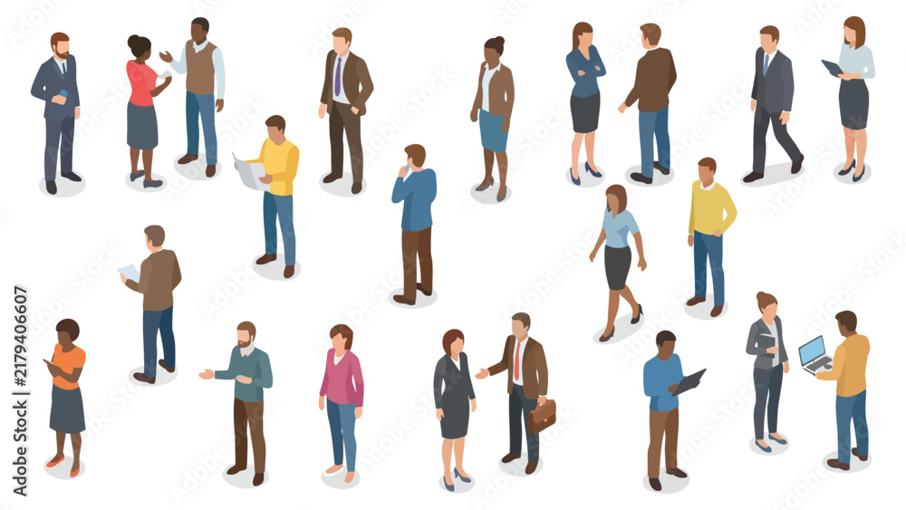 Obraz premium Isometric diverse office team members holding documents and engaging in corporate meetings. Editable vector illustration.