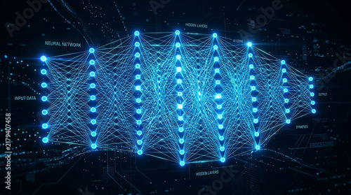 Abstract Neural Network Visualization with Glowing Blue Nodes and Connections.