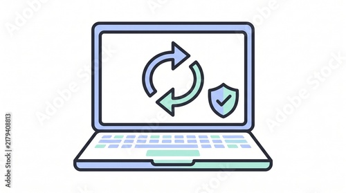 Tapety artystyczne Open laptop displaying sync arrows and a security shield with a check mark, software update and computer protection concept, flat vector icon illustration