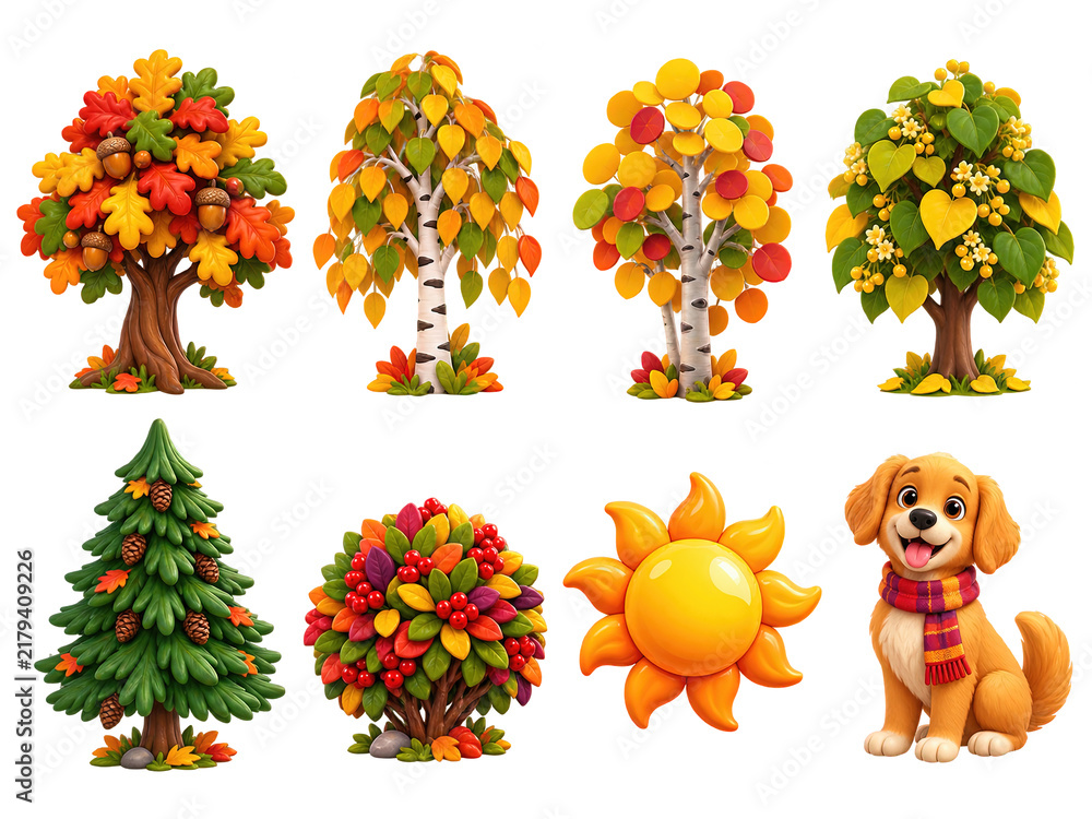 Fototapeta premium Collection of stylized autumn trees, a pine, a bush, a sun, and a dog