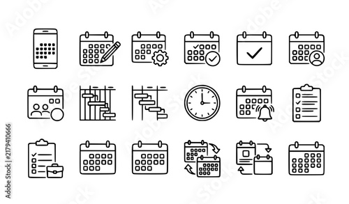 Digital calendar and appointment line icon set with work schedule date planning reminder and settings concepts