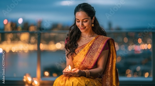 Indian woman in a vibrant silk saree lighting a diya on a minimalist balcony with a softly illuminated city skyline during Diwali, a moment of reflection and hope