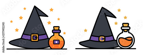 Set of two hand drawn halloween witch hat and magic potion bottle illustration icon for seasonal graphic design projects