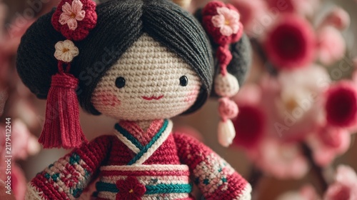 Cute amigurumi doll dressed in a traditional kimono with intricate crochet details, surrounded by a decorative cherry blossom backdrop and soft diffused lighting